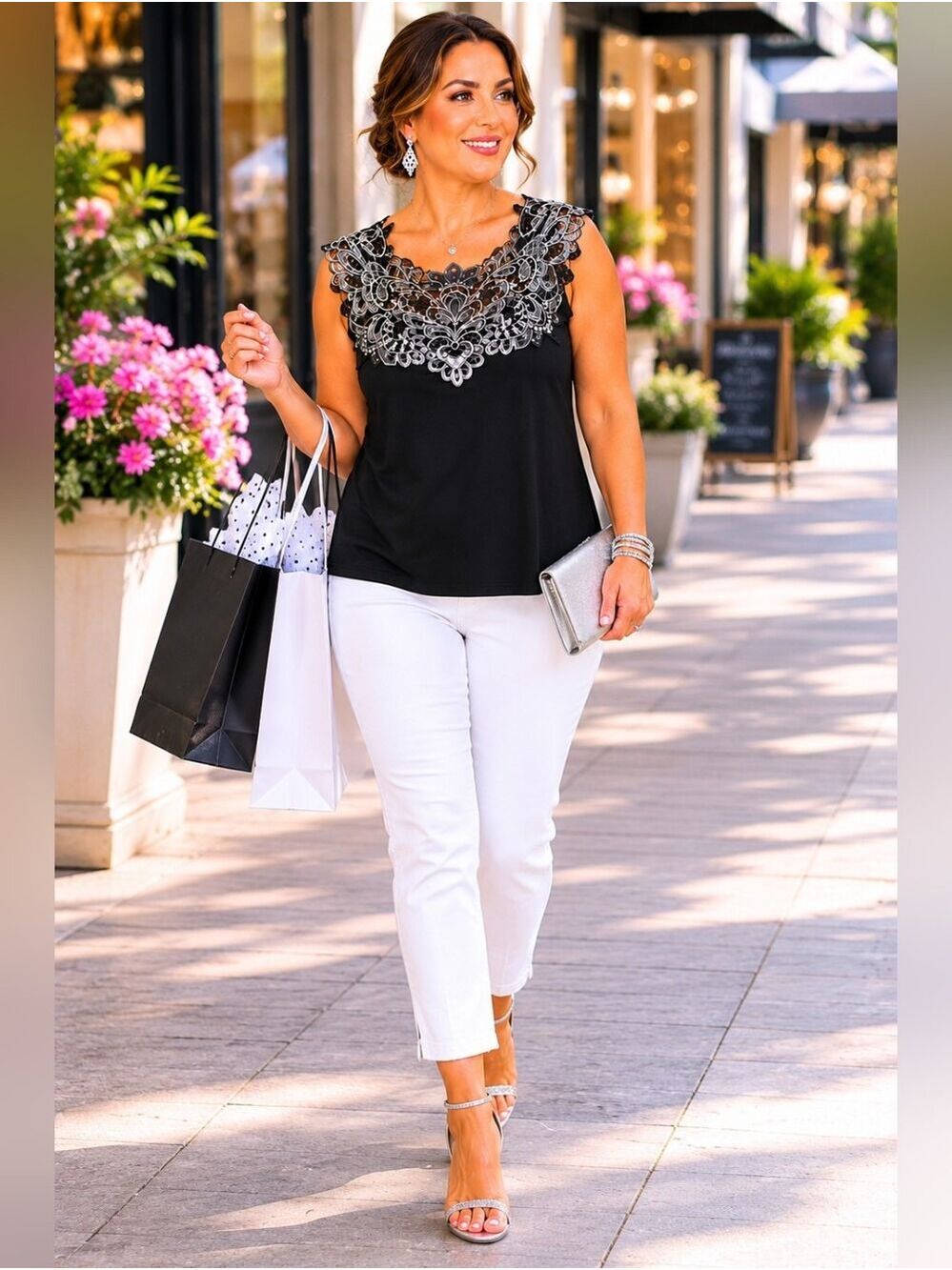 Joan Boyce Embellished Lace Tank Top 2X Black Silver Evening Party Glam